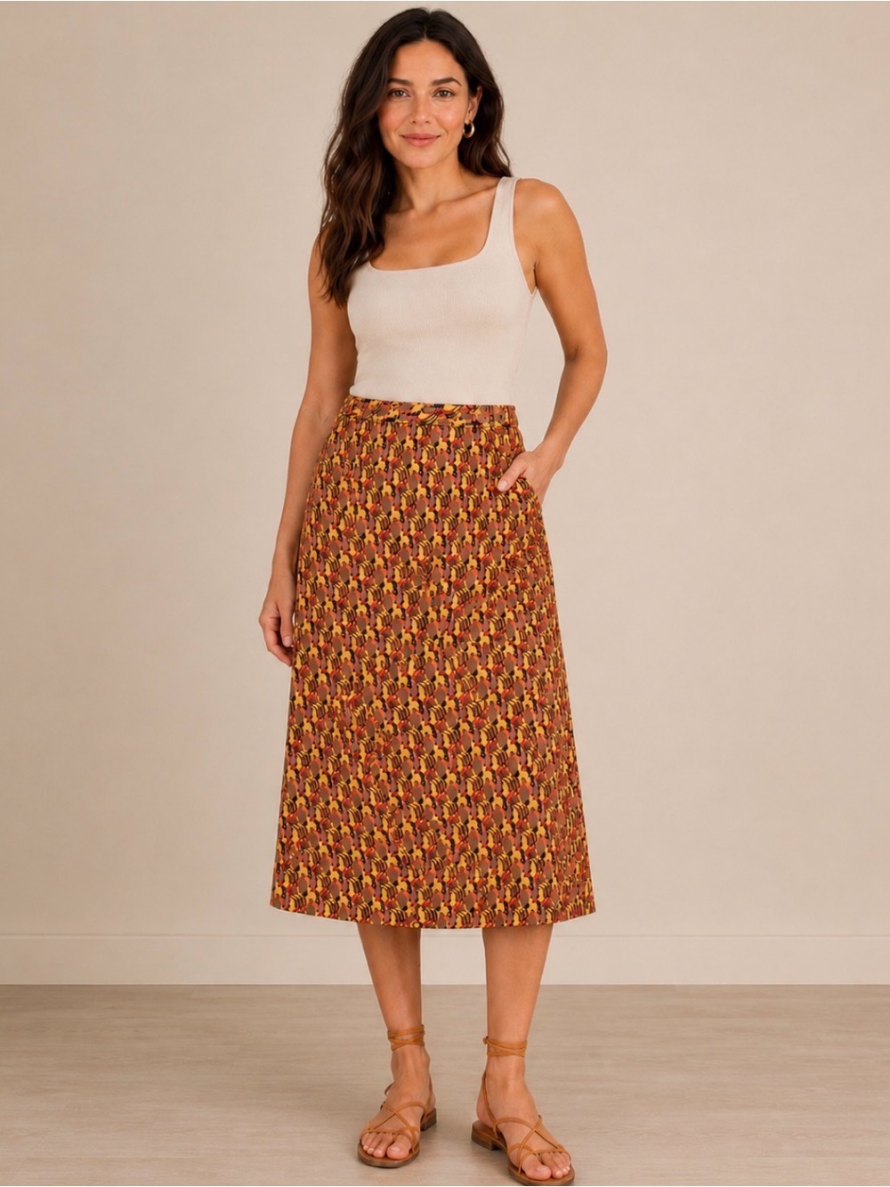 FLAX Jeanne Engelhart Art Deco Wrap Midi Skirt Geometric Print Size S